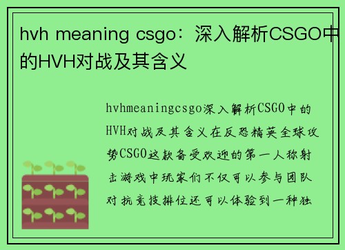 hvh meaning csgo：深入解析CSGO中的HVH对战及其含义